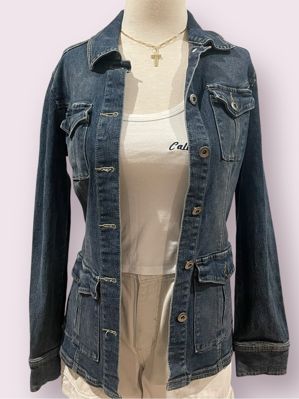 Dark Wash Vintage 2000s longline denim jacket - Picture 2 of 6